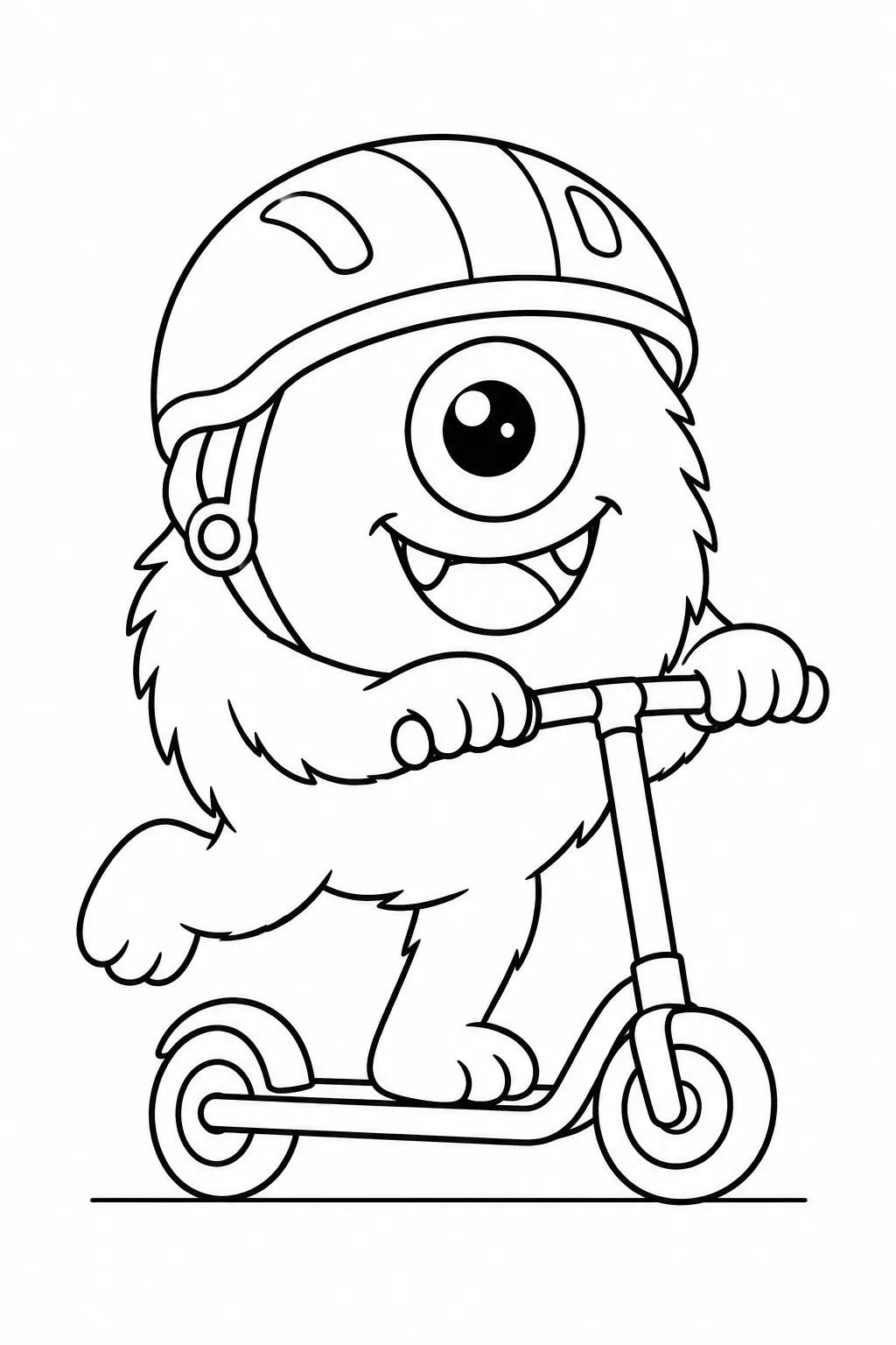 Cute monster coloring page with scooter riding monster