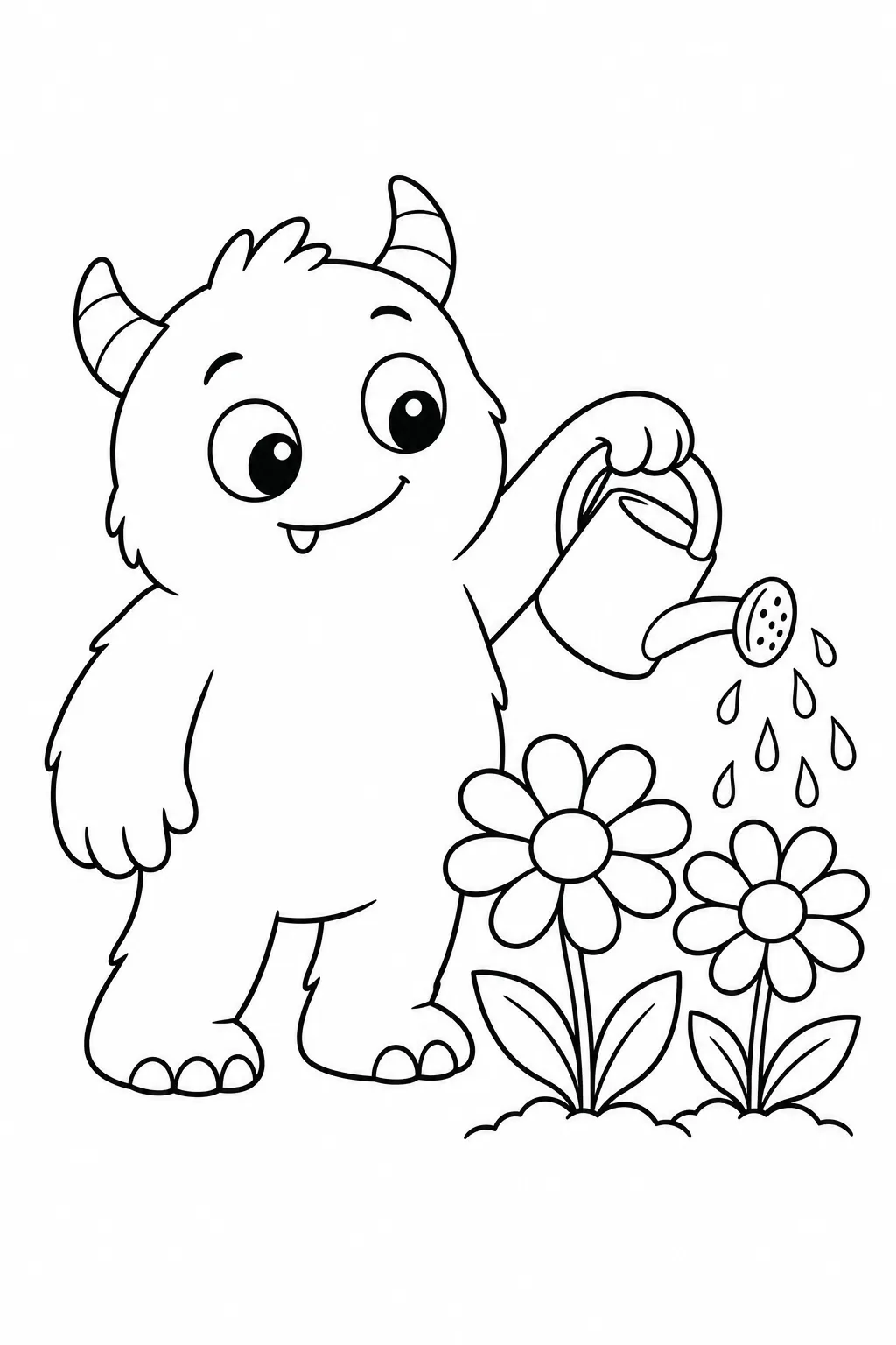 Cute monster coloring page with garden watering friend
