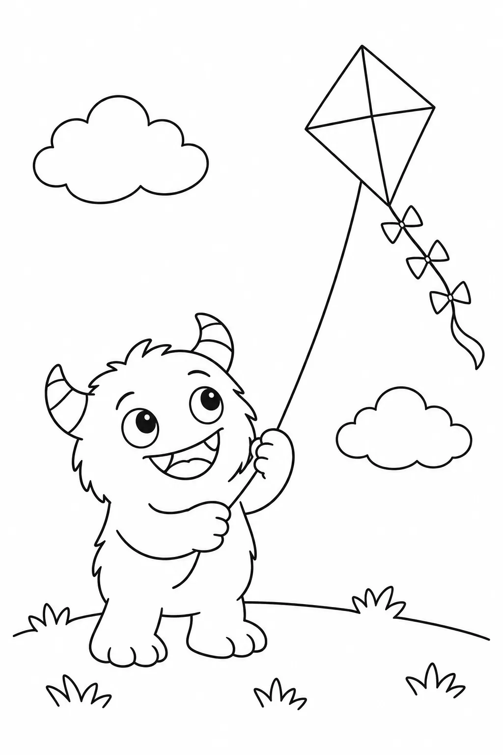 Cute monster coloring page with kite flying companion