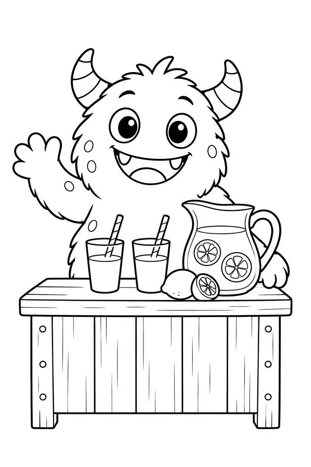 Cute monster coloring page with lemonade stand host