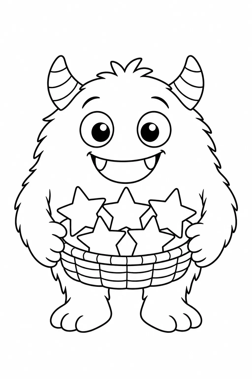 Cute monster coloring page with a basket of star shapes