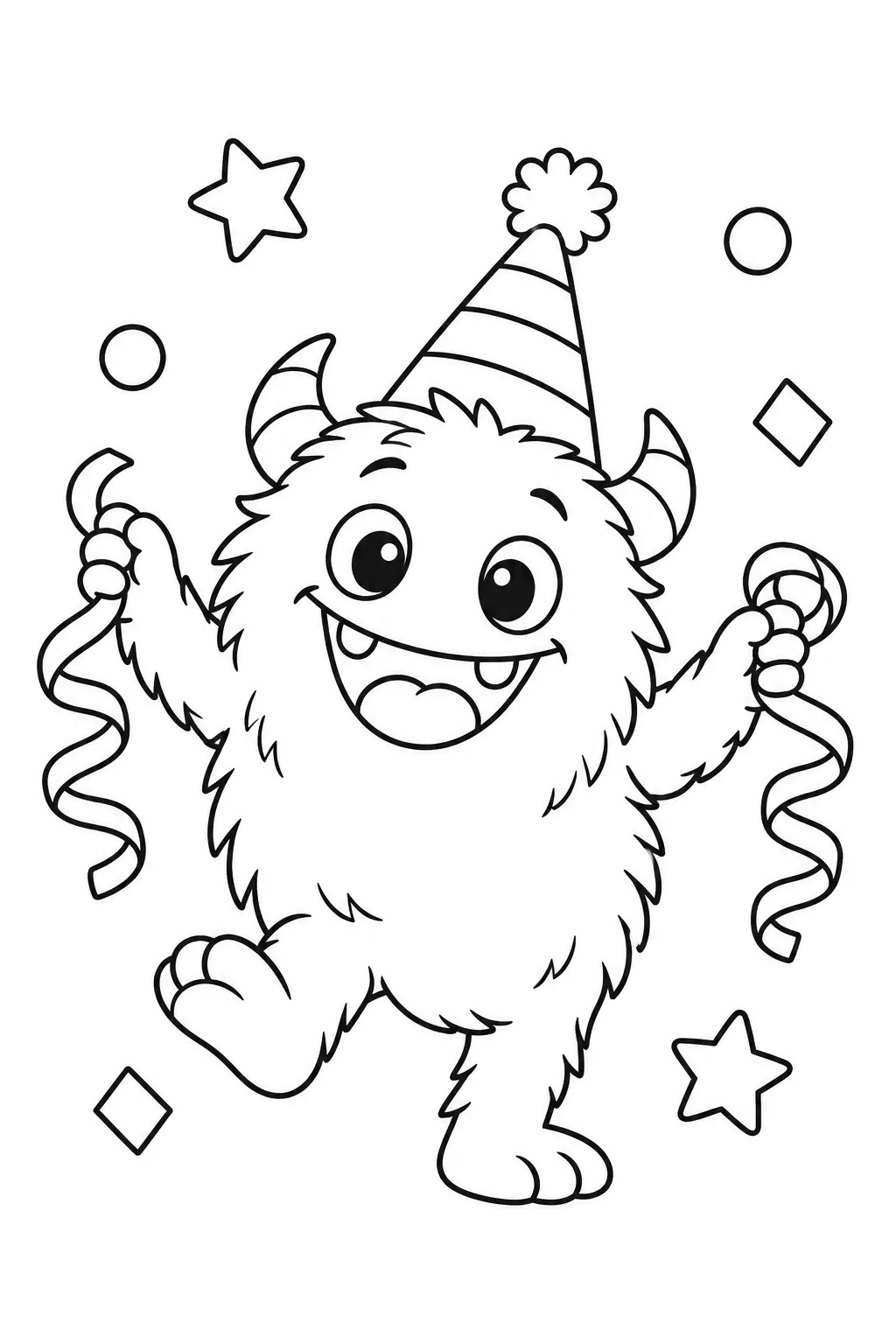 Cute monster coloring page with party hat dancer