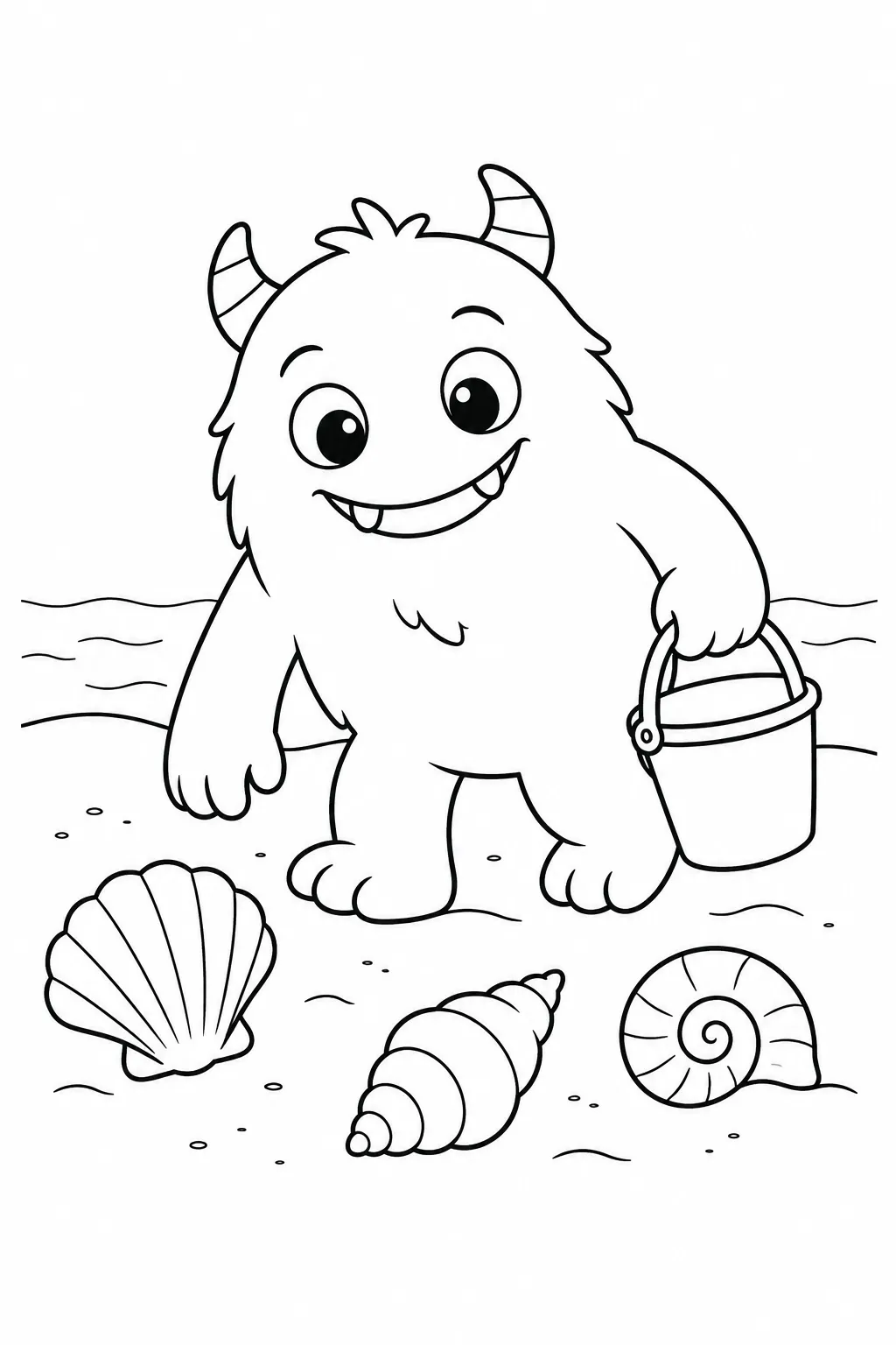 Cute monster coloring page with seashell collecting pal