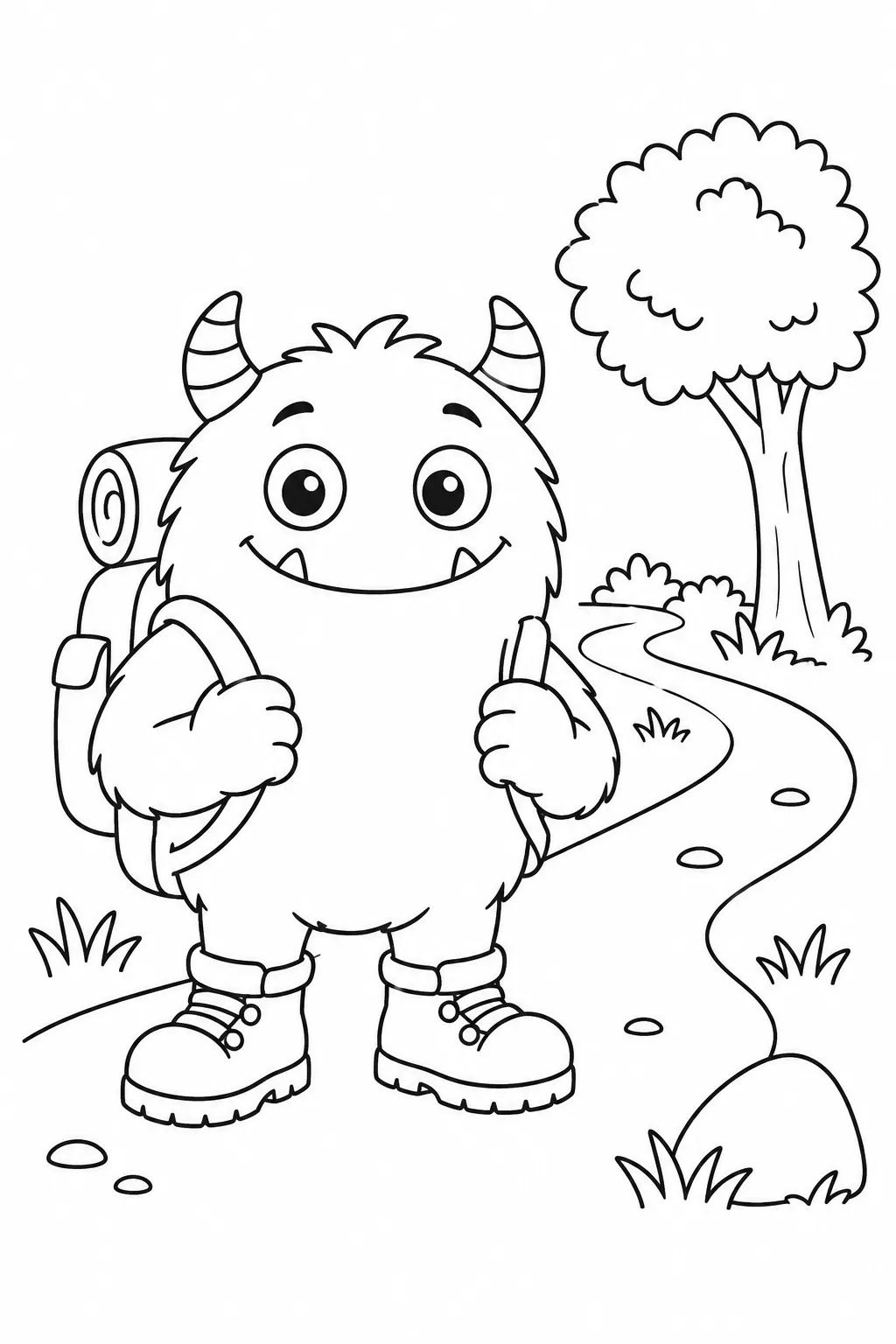 Cute monster coloring page with backpack trail explorer