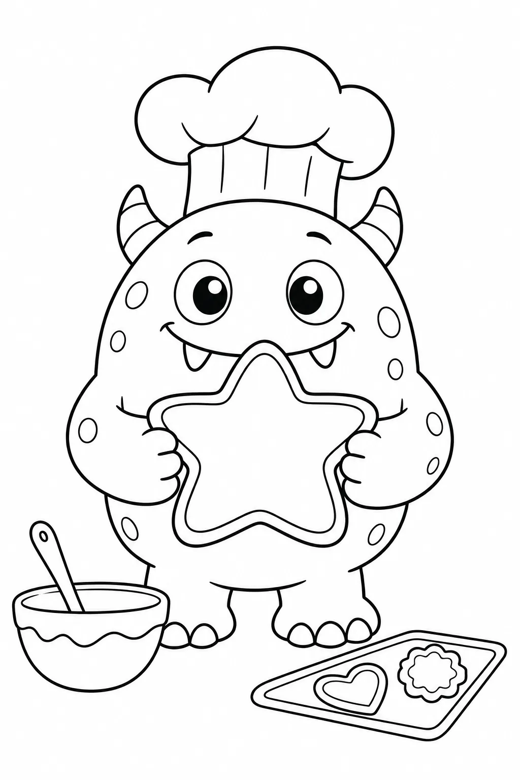 Cute monster coloring page with cookie decorating chef