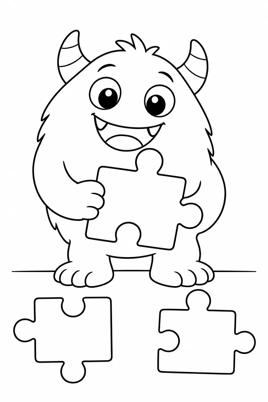Cute monster coloring page with large puzzle pieces