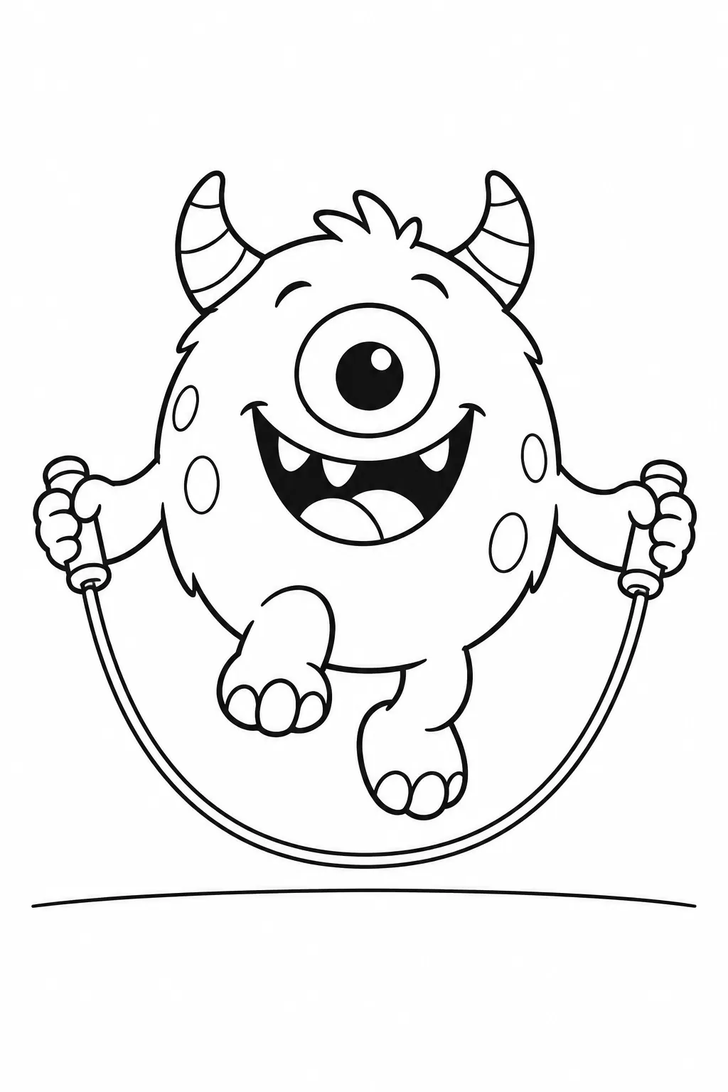 Cute monster coloring page jumping over a rope