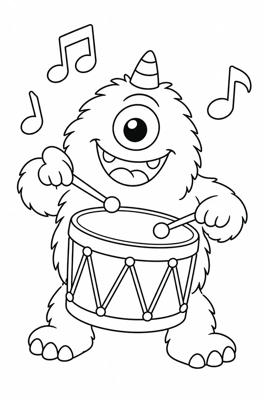 Cute monster coloring page with little music maker