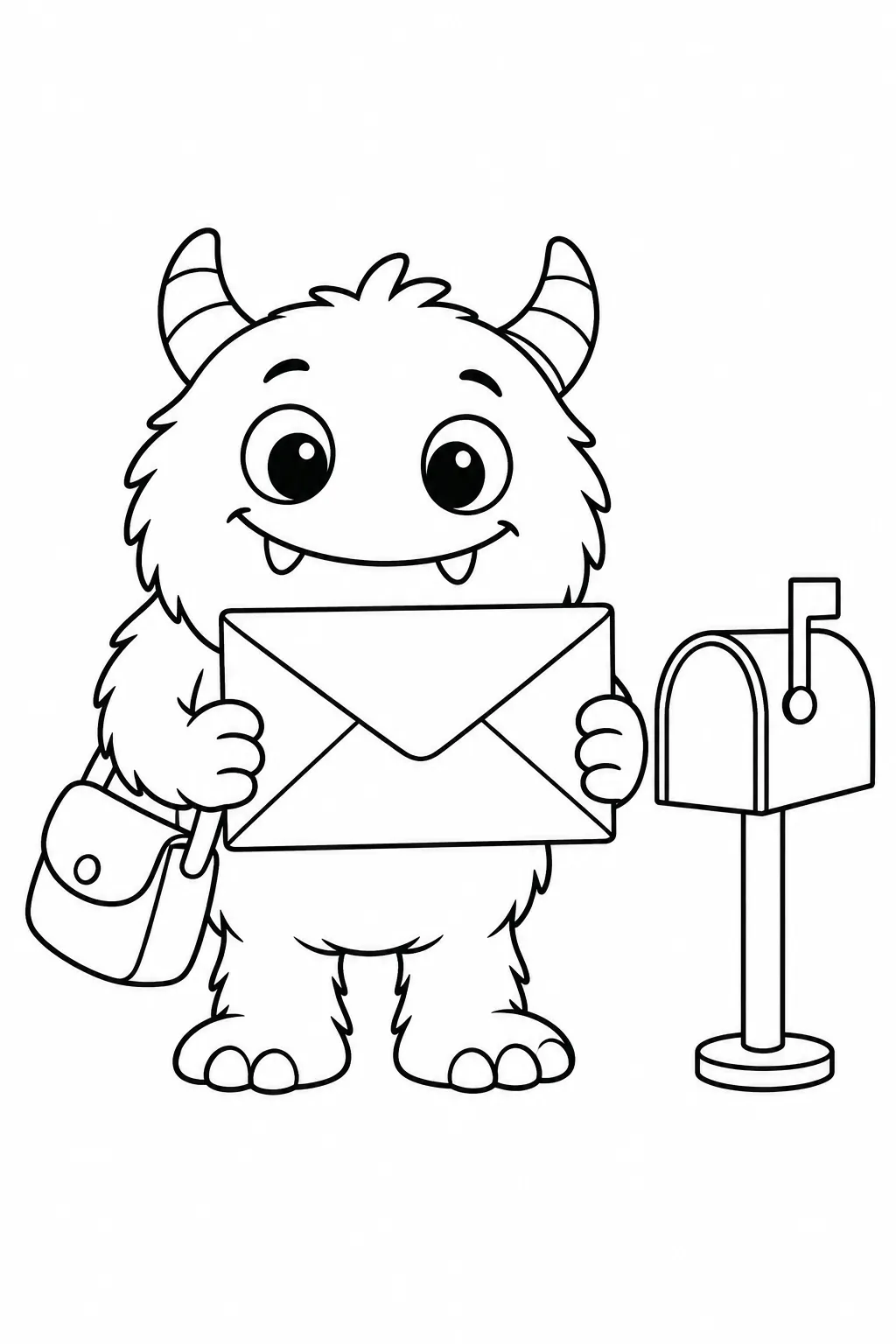 Cute monster coloring page carrying a large envelope