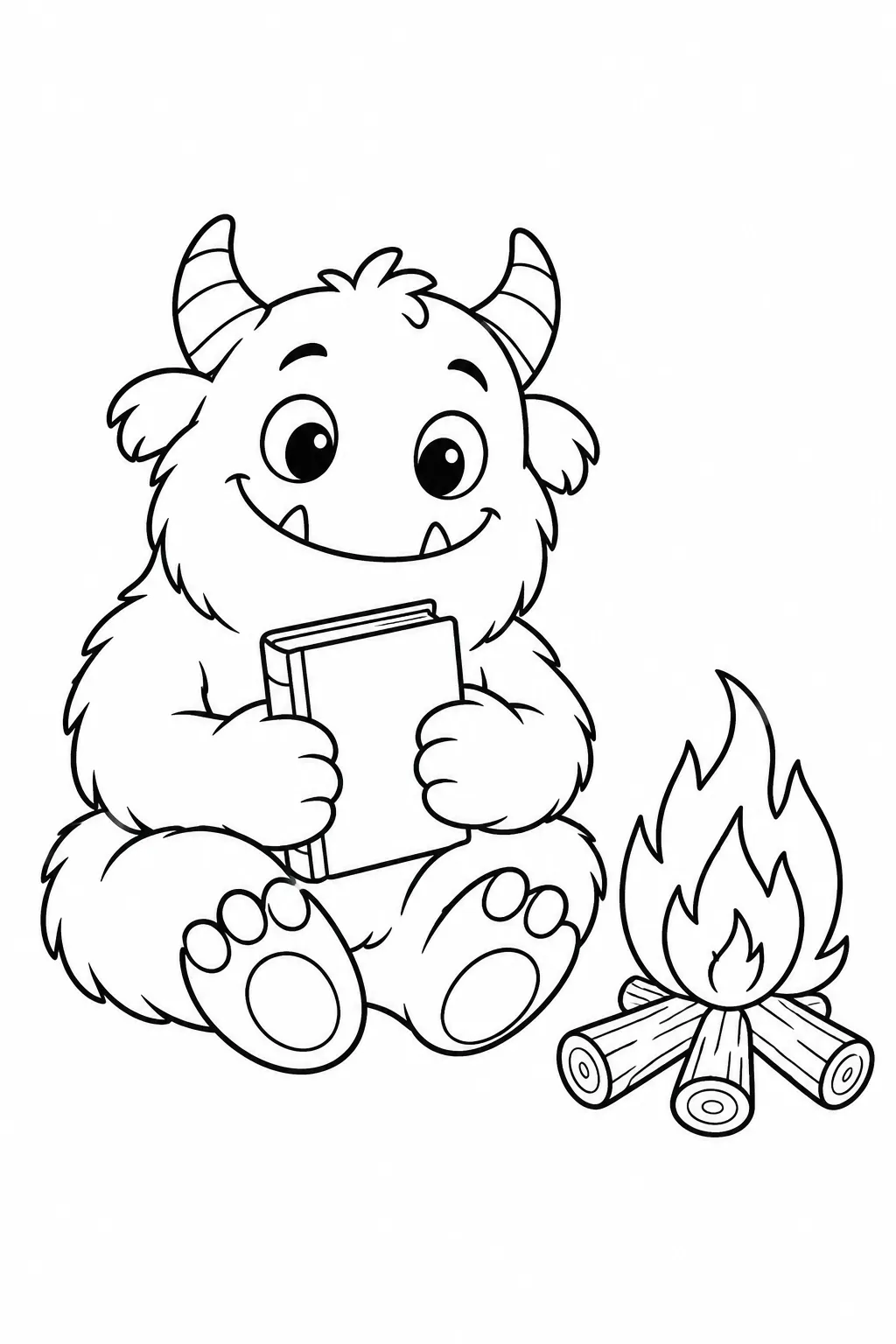 Cute monster coloring page with campfire story friend