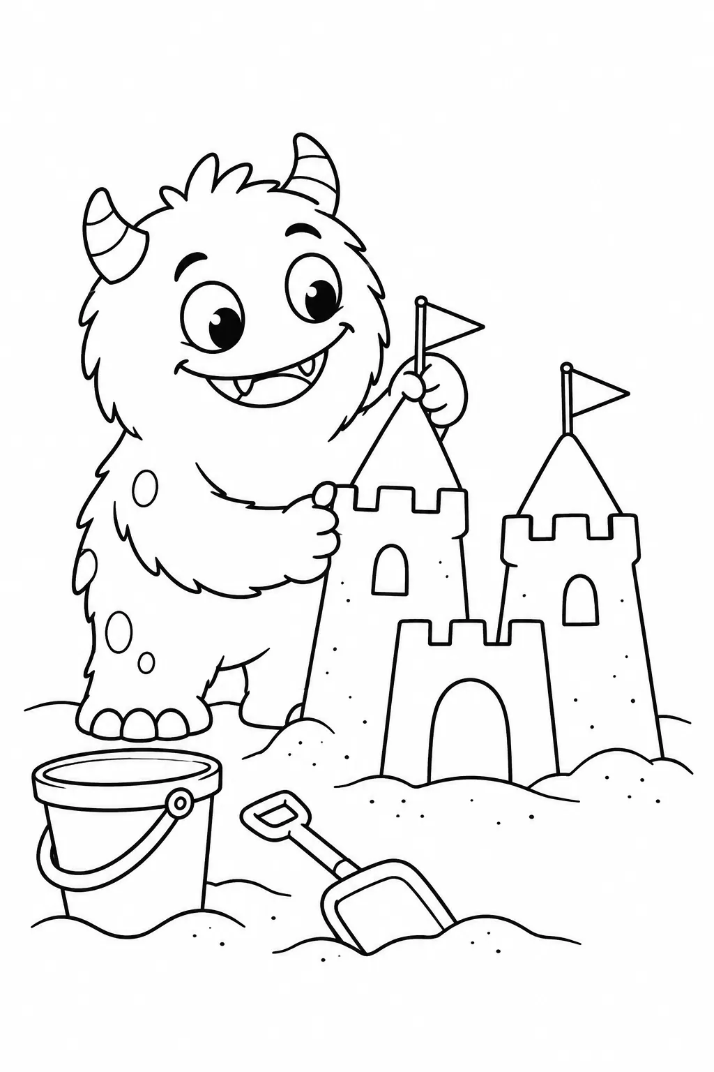 Cute monster coloring page with sandcastle building monster