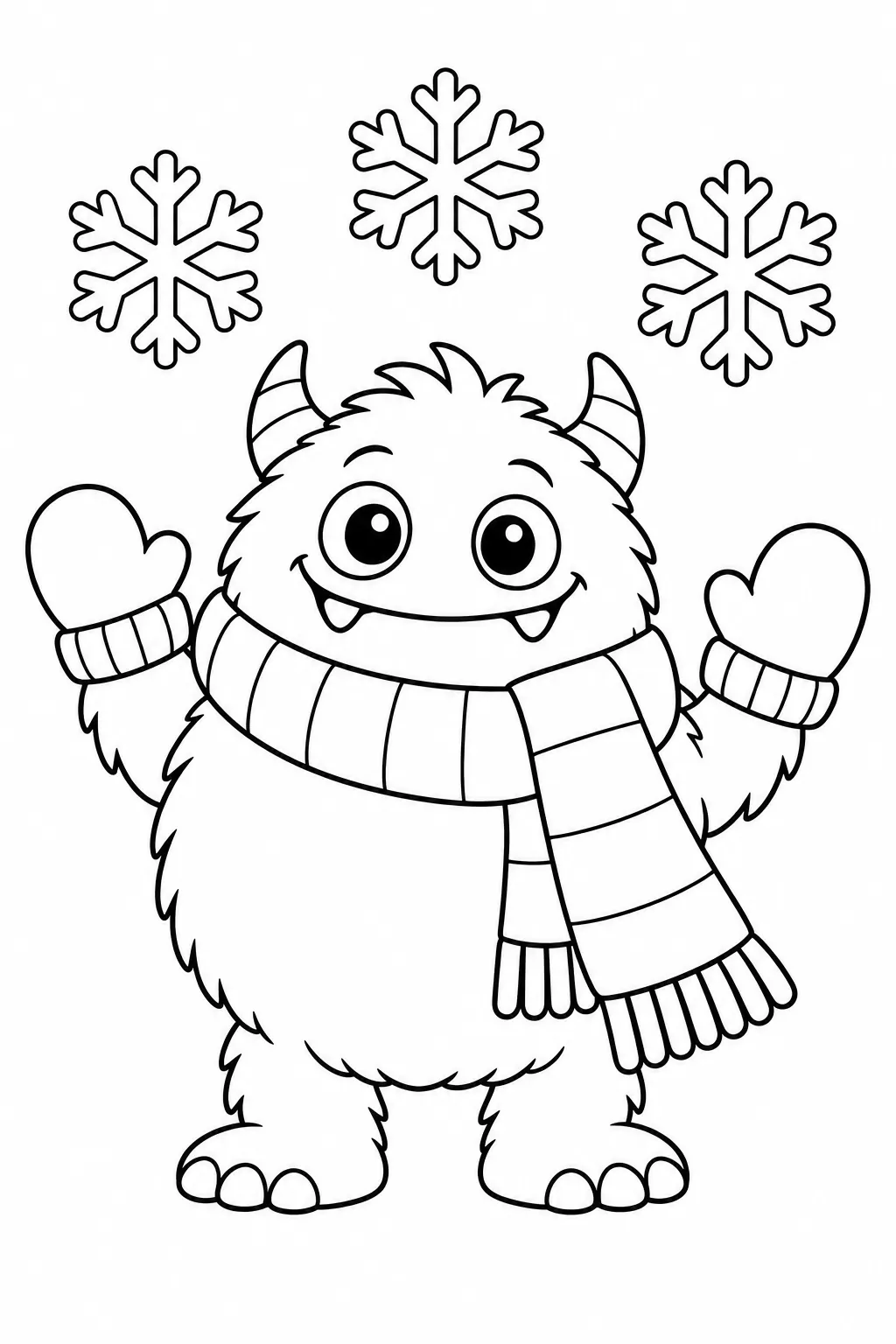 Cute monster coloring page with snowy scarf pal