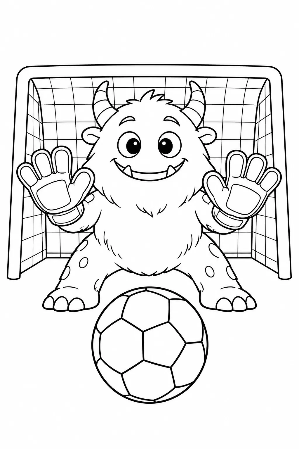 Cute monster coloring page with soccer goal keeper