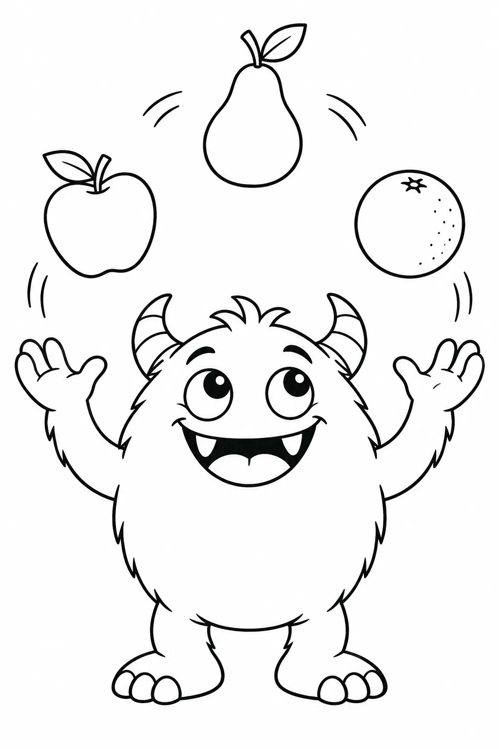 Cute monster coloring page juggling three fruits