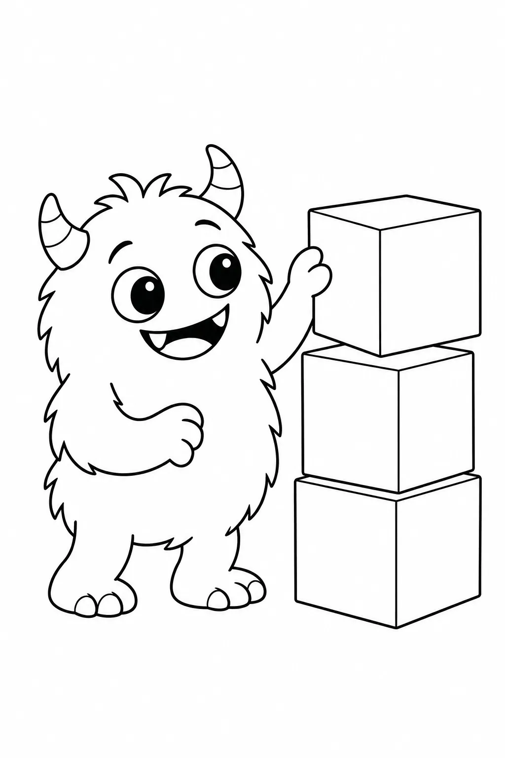 Cute monster coloring page stacking three toy blocks