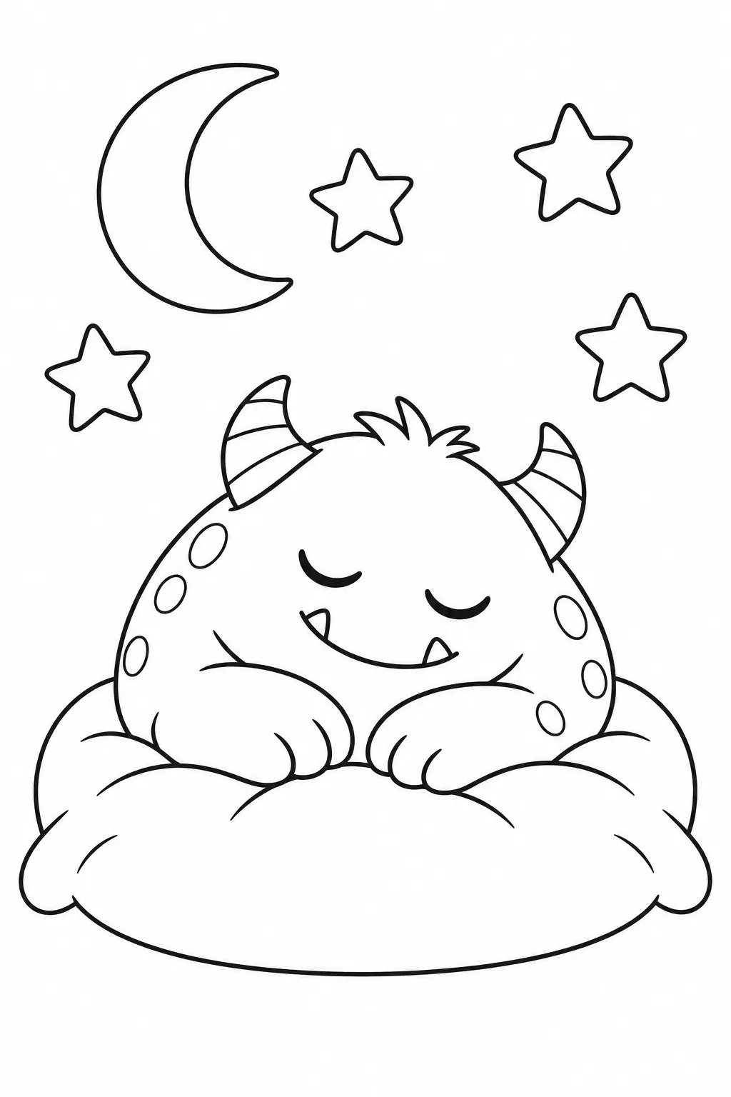 Cute monster coloring page with moon dreaming monster