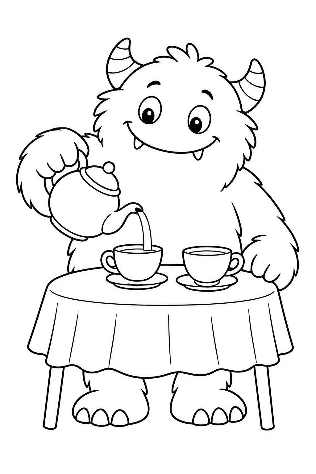Cute monster coloring page with tea party host