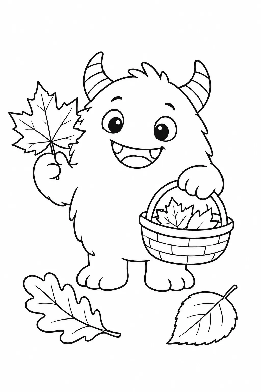 Cute monster coloring page with autumn leaf collector