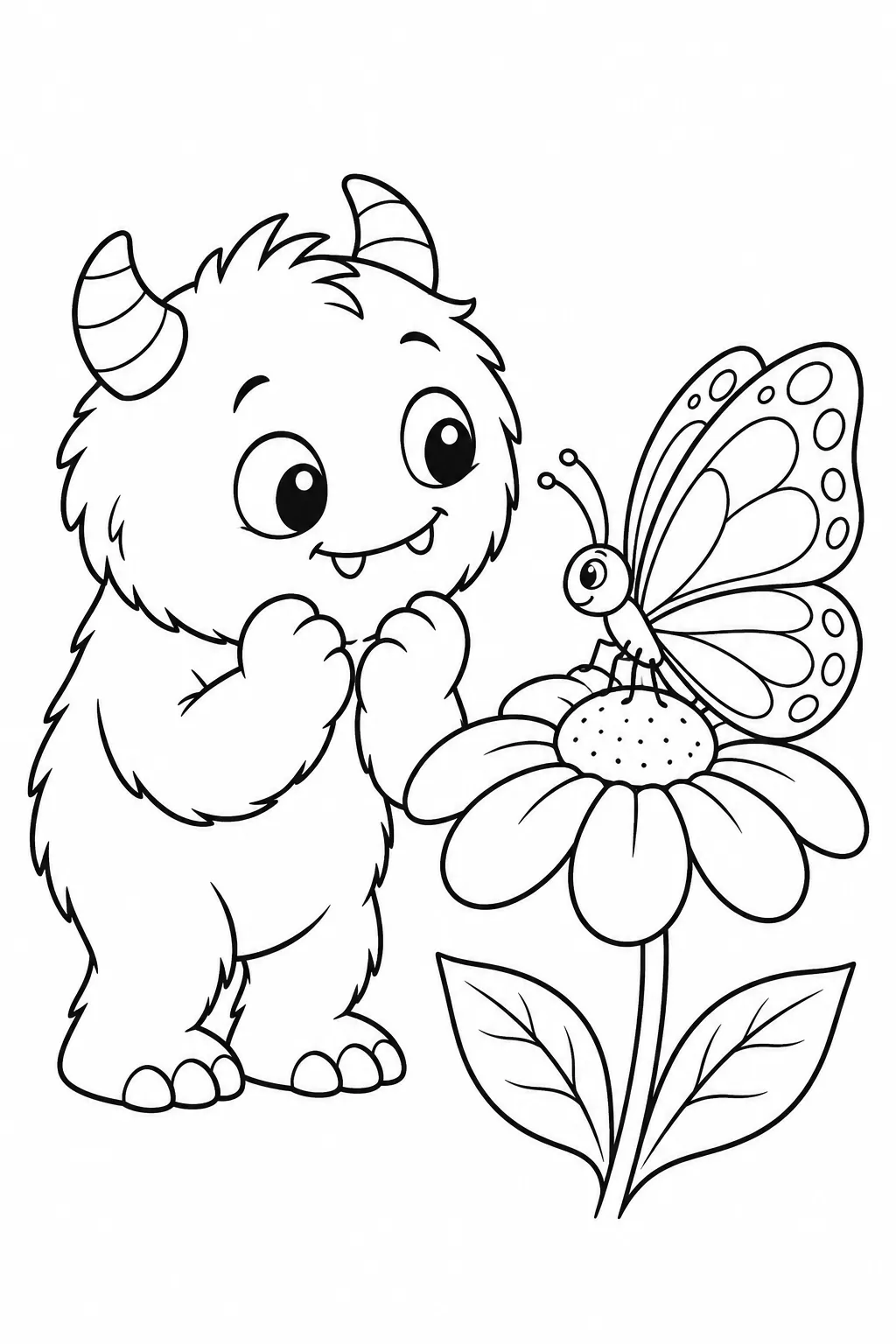 Cute monster coloring page with butterfly watching buddy