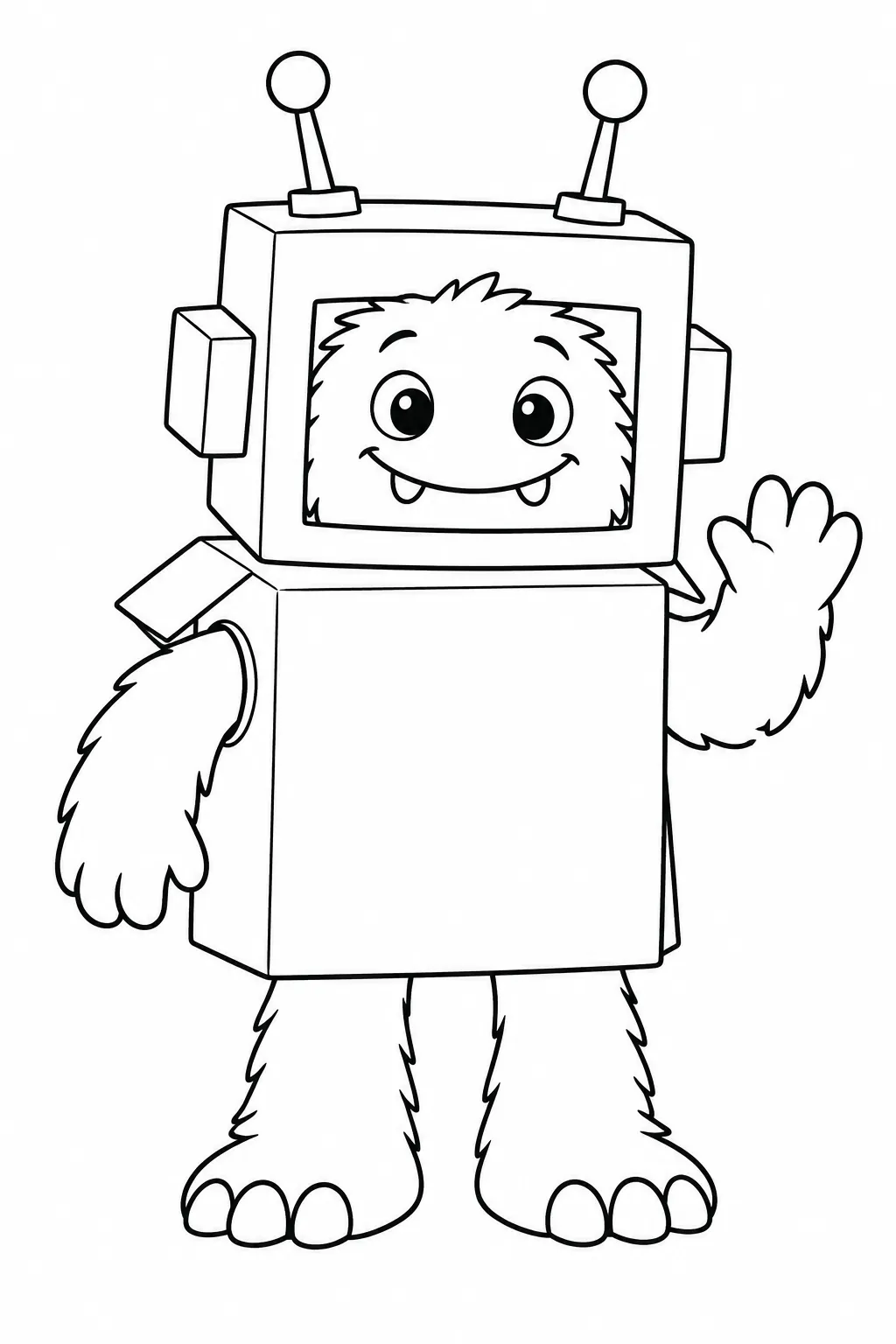 Cute monster coloring page with cardboard robot costume