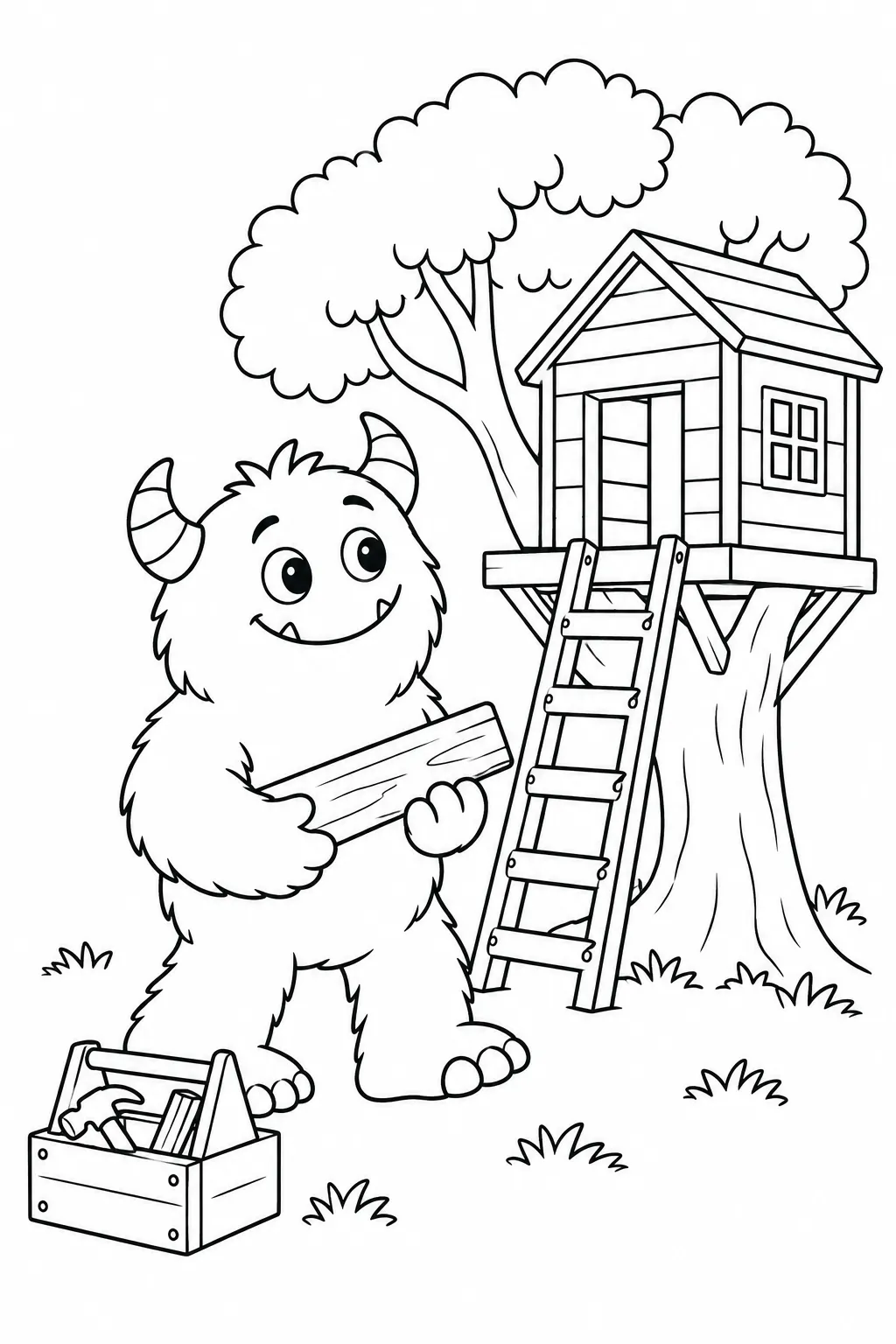 Cute monster coloring page with treehouse building helper