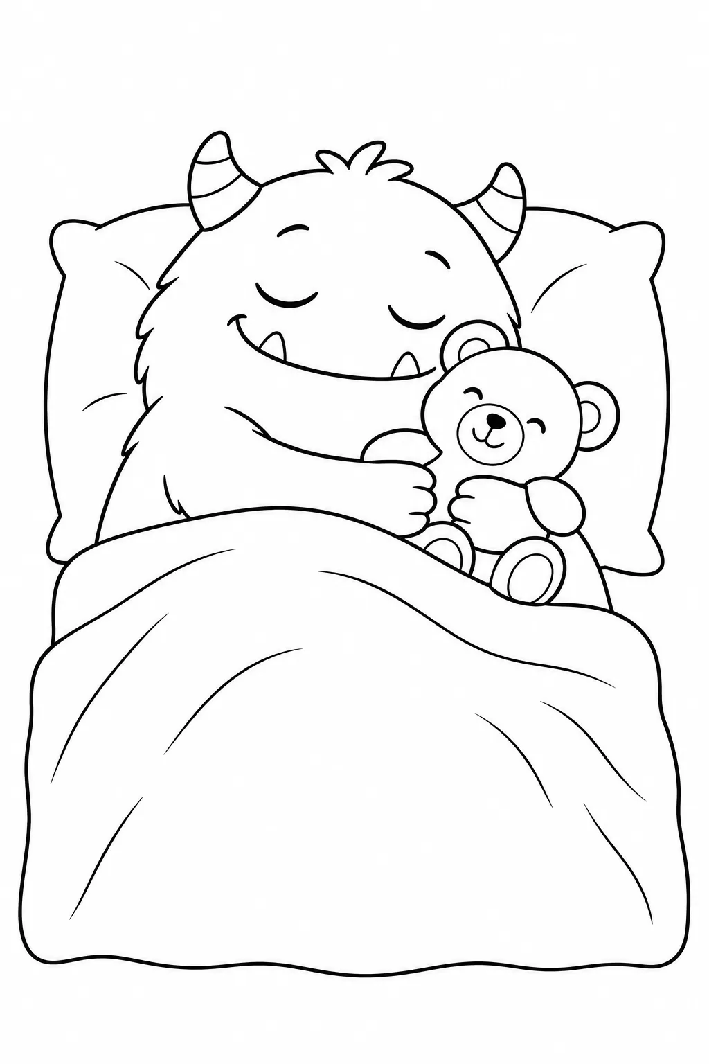 Cute monster coloring page with bedtime teddy friend