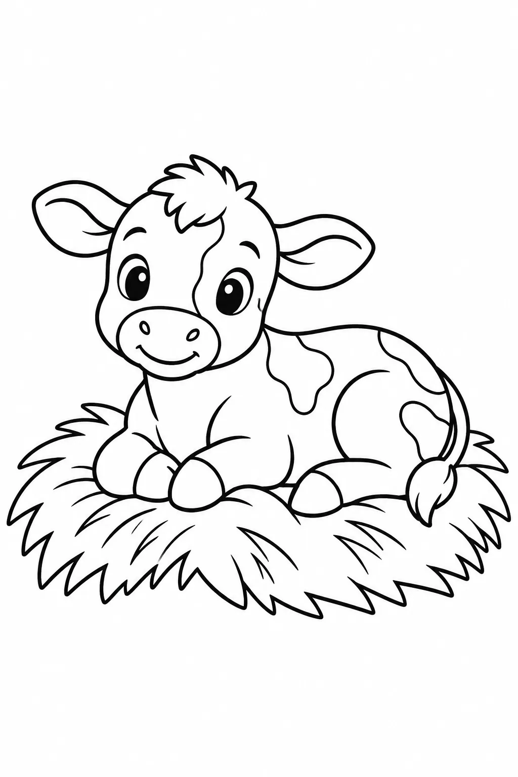 Preschool farm animal coloring page of calf in the hay