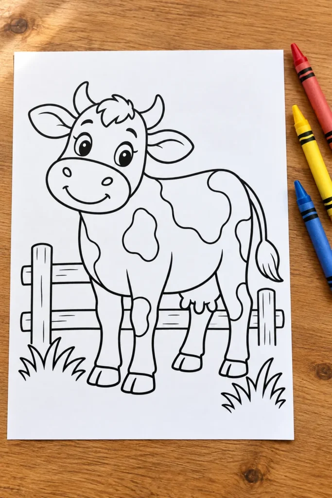 Cow coloring page on a table with crayons for preschoolers