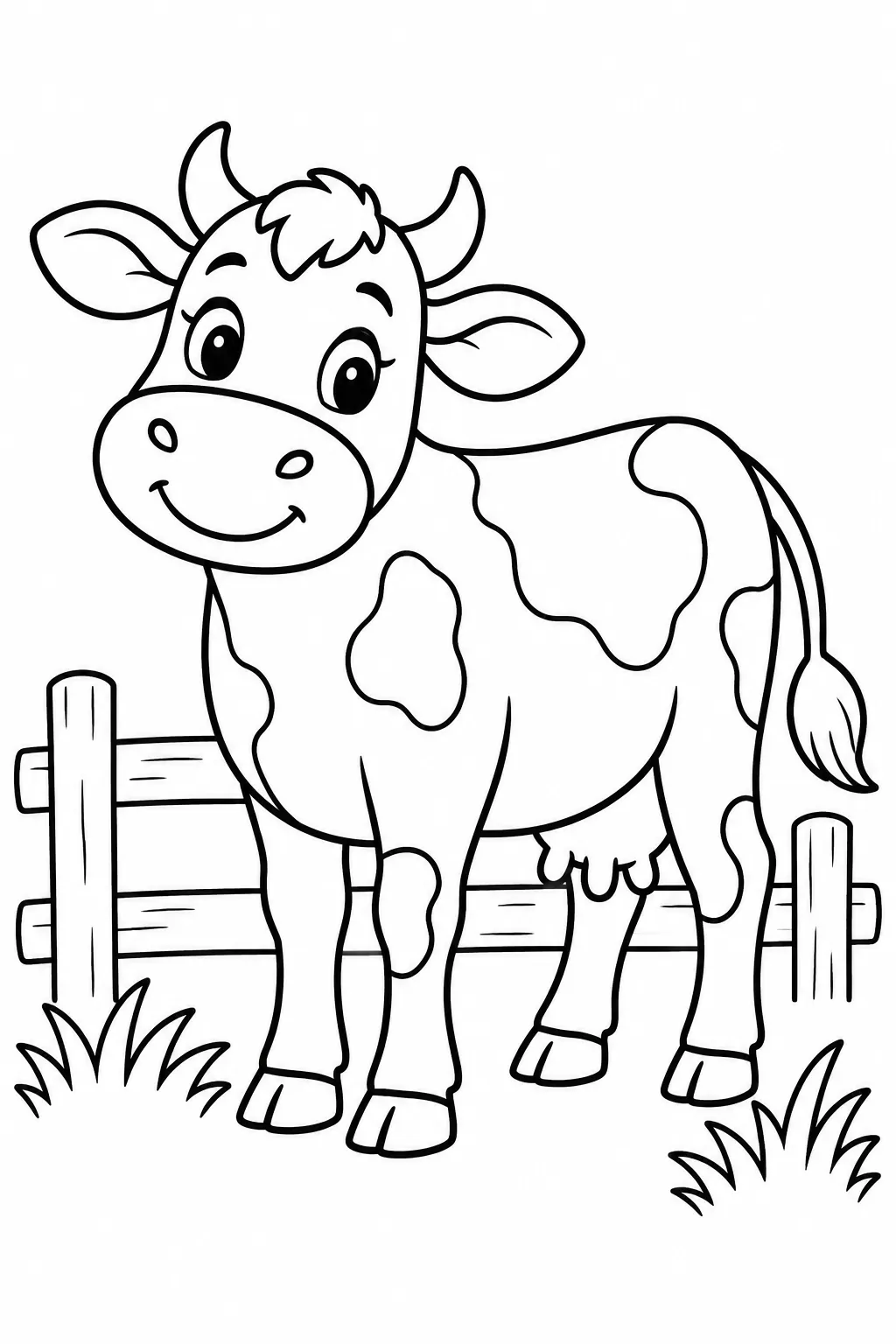 Preschool farm animal coloring page of cow by the fence