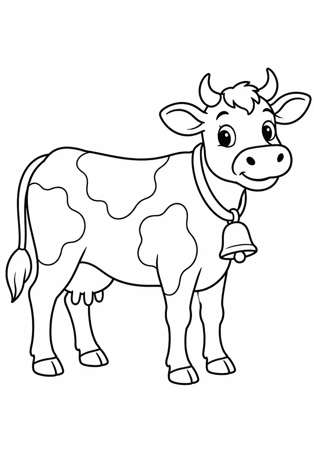 Preschool farm animal coloring page of cow with a bell