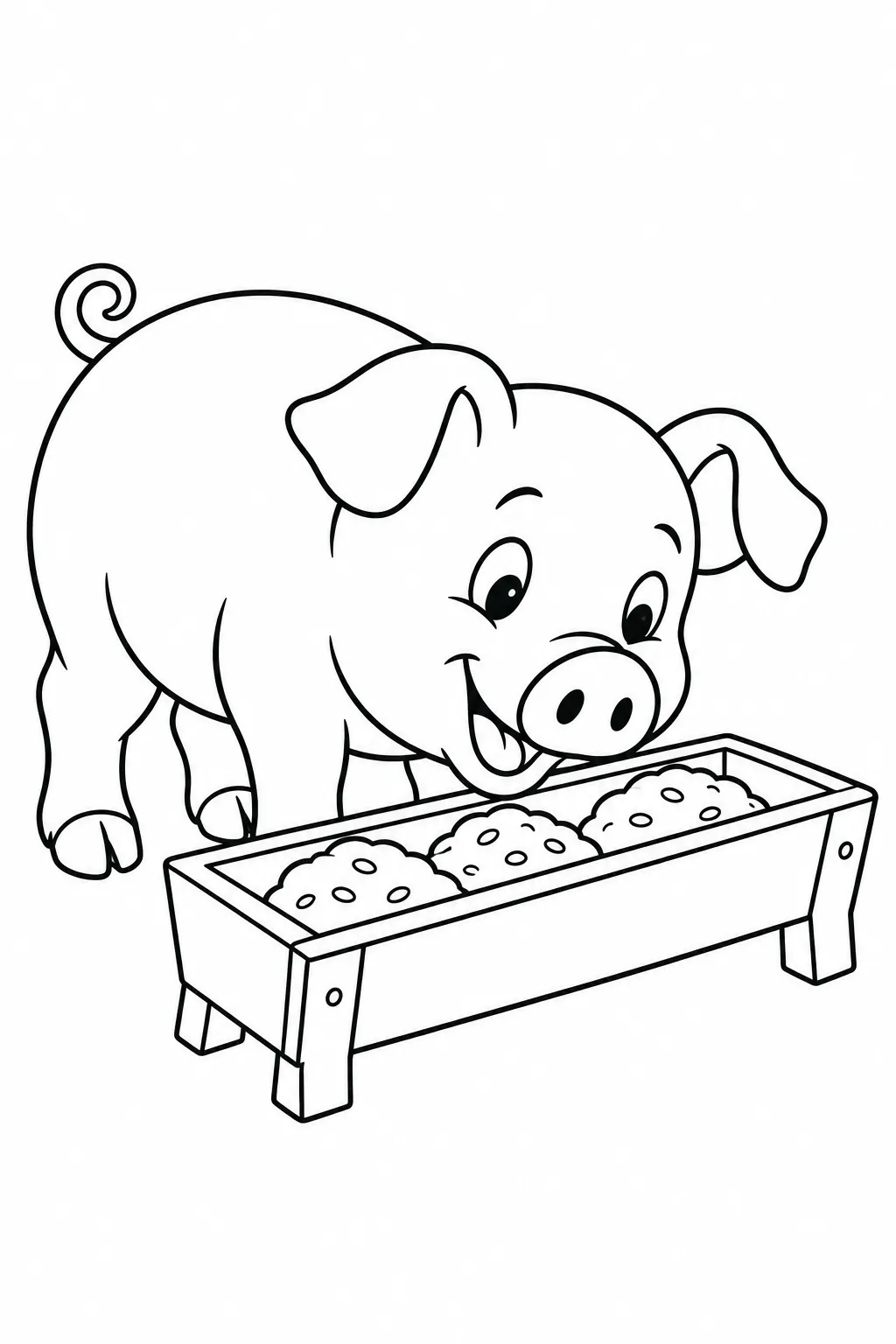 Preschool farm animal coloring page of pig at the trough