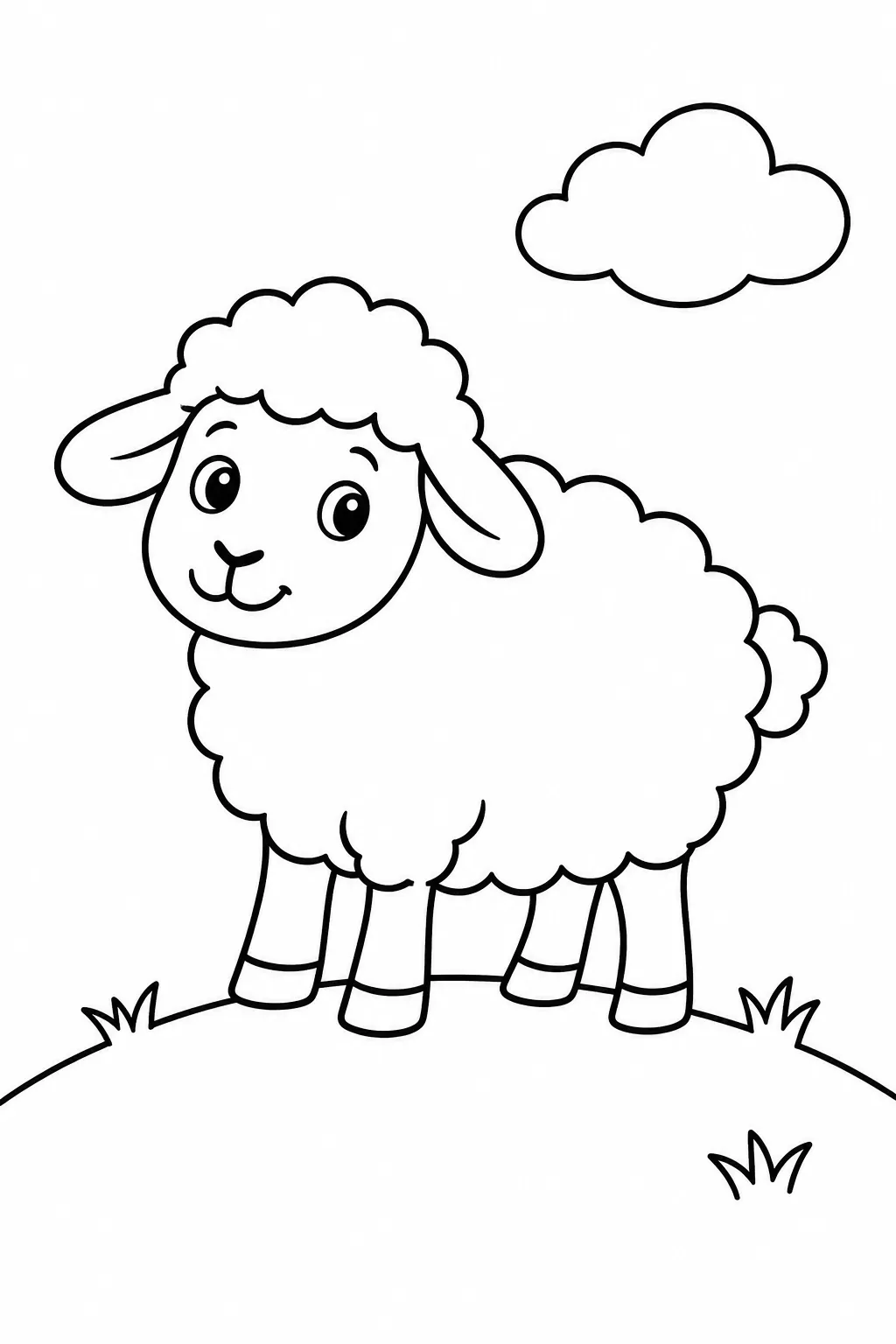 Preschool farm animal coloring page of sheep on the hill