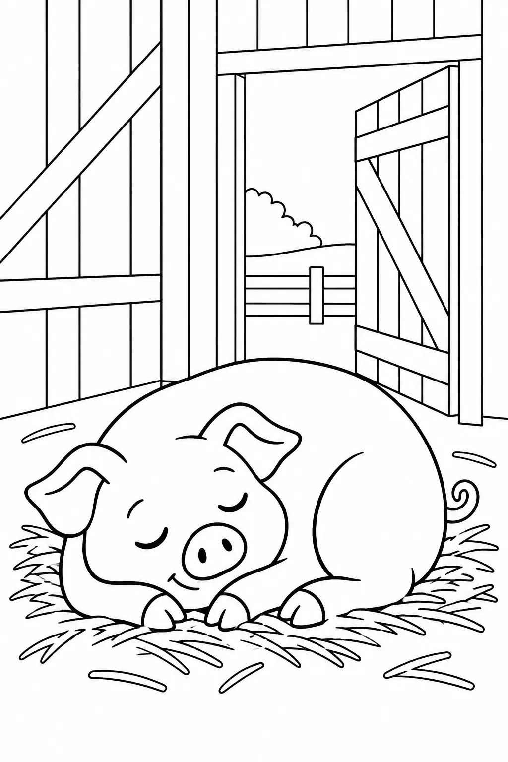Preschool farm animal coloring page of sleeping pig in the barn