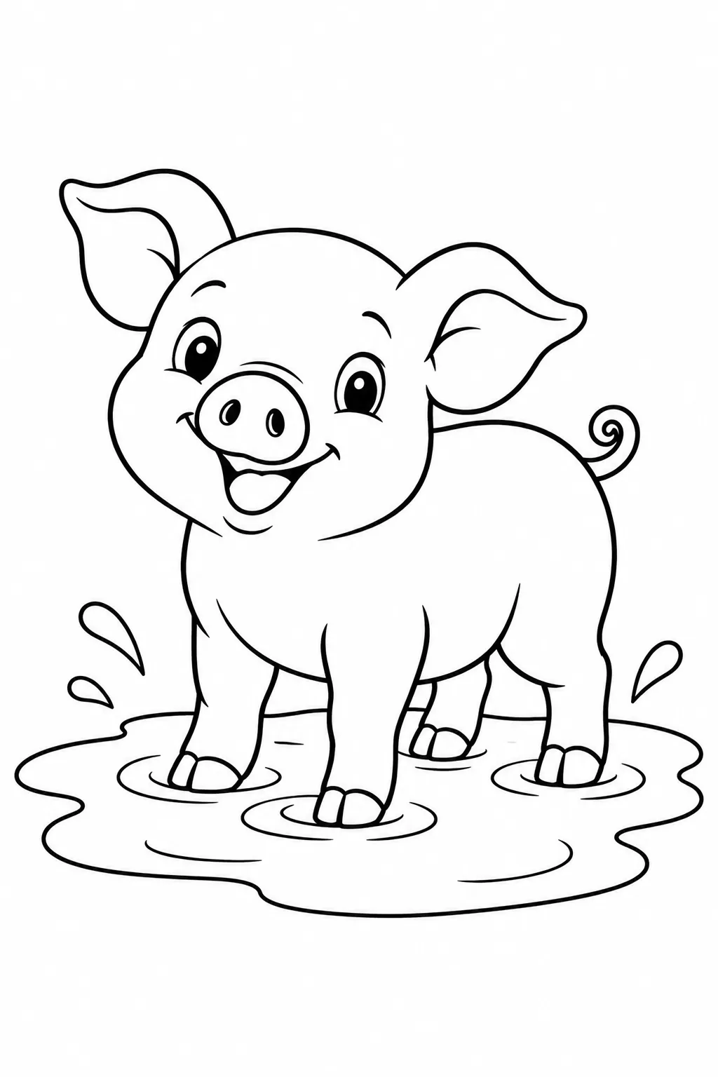 Preschool farm animal coloring page of piglet in a puddle
