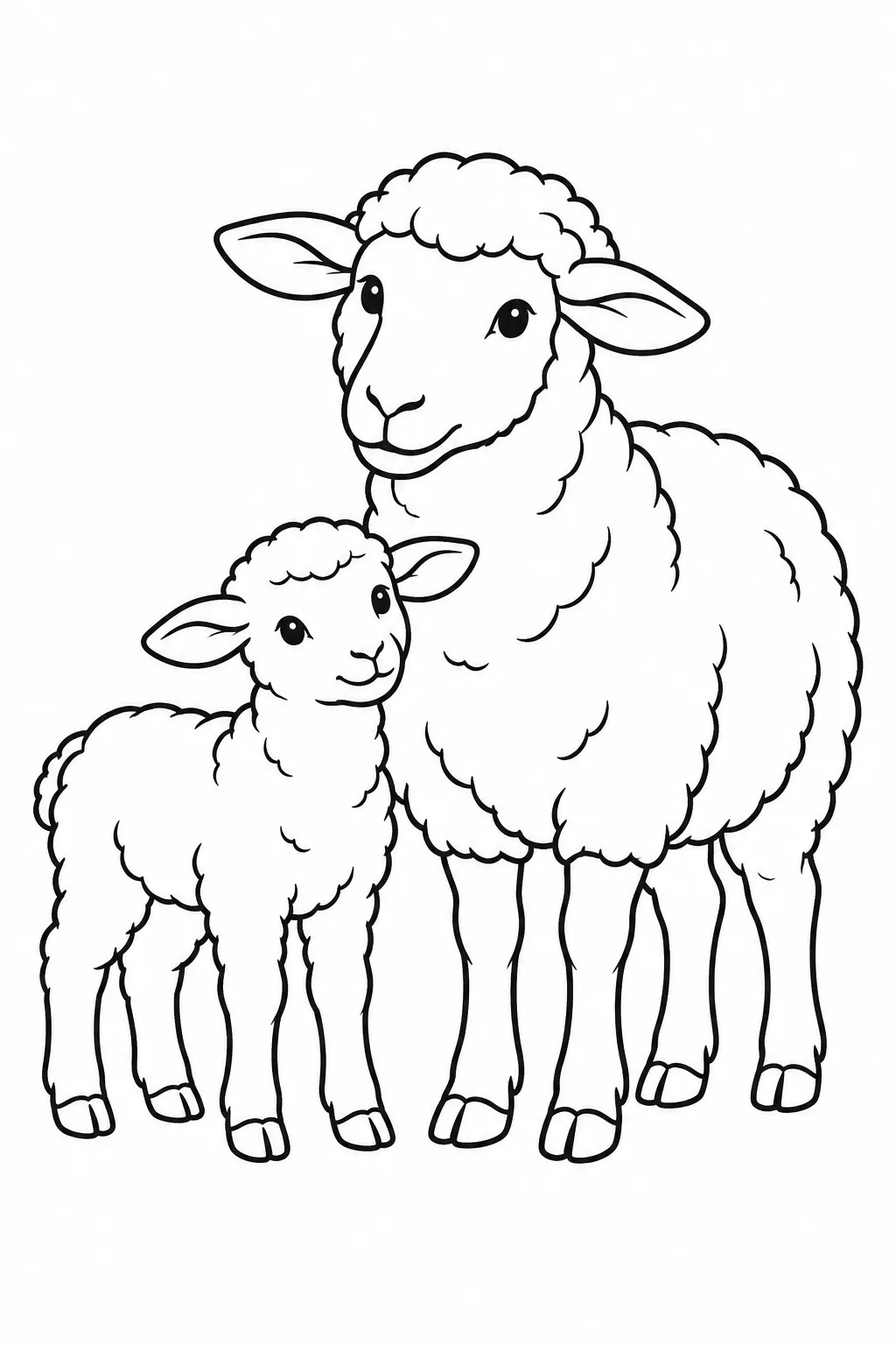 Preschool farm animal coloring page of lamb beside its mother