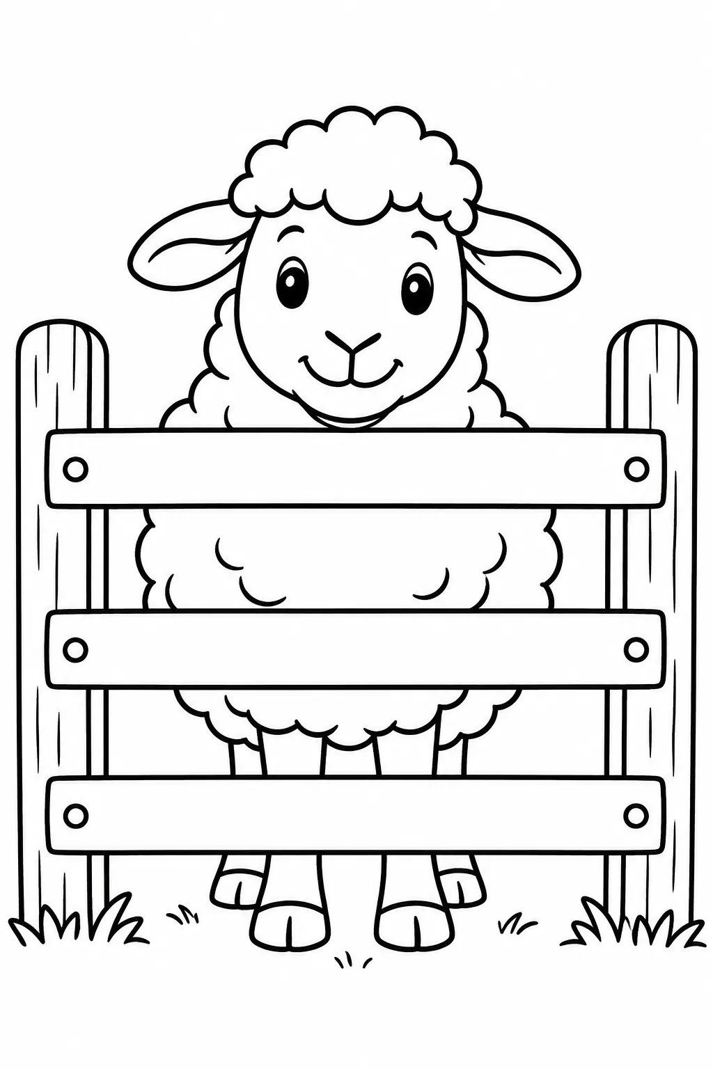 Preschool farm animal coloring page of sheep by the gate