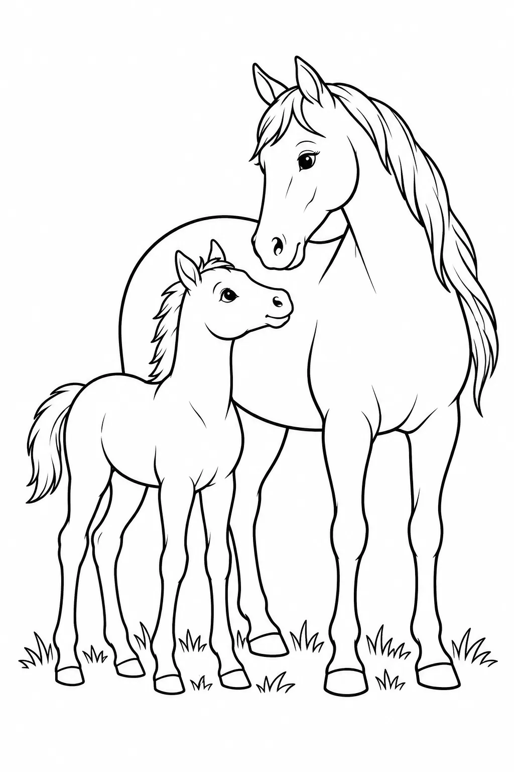 Preschool farm animal coloring page of foal and mare