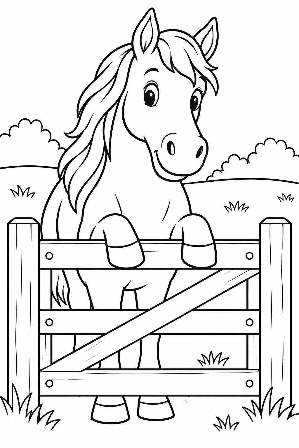 Preschool farm animal coloring page of horse at the gate