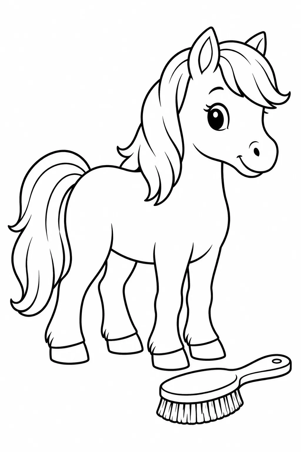 Preschool farm animal coloring page of pony with a brush