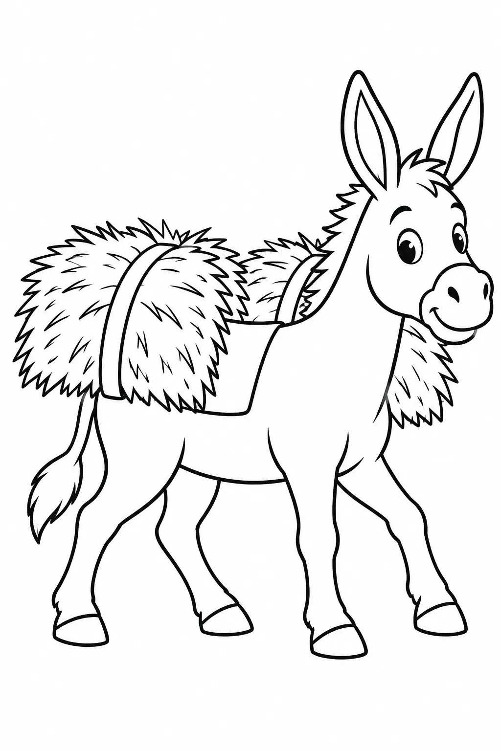 Preschool farm animal coloring page of donkey carrying hay