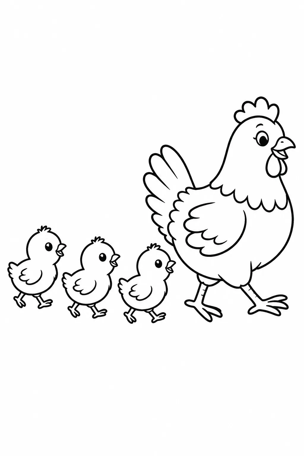 Preschool farm animal coloring page of chicks following the hen
