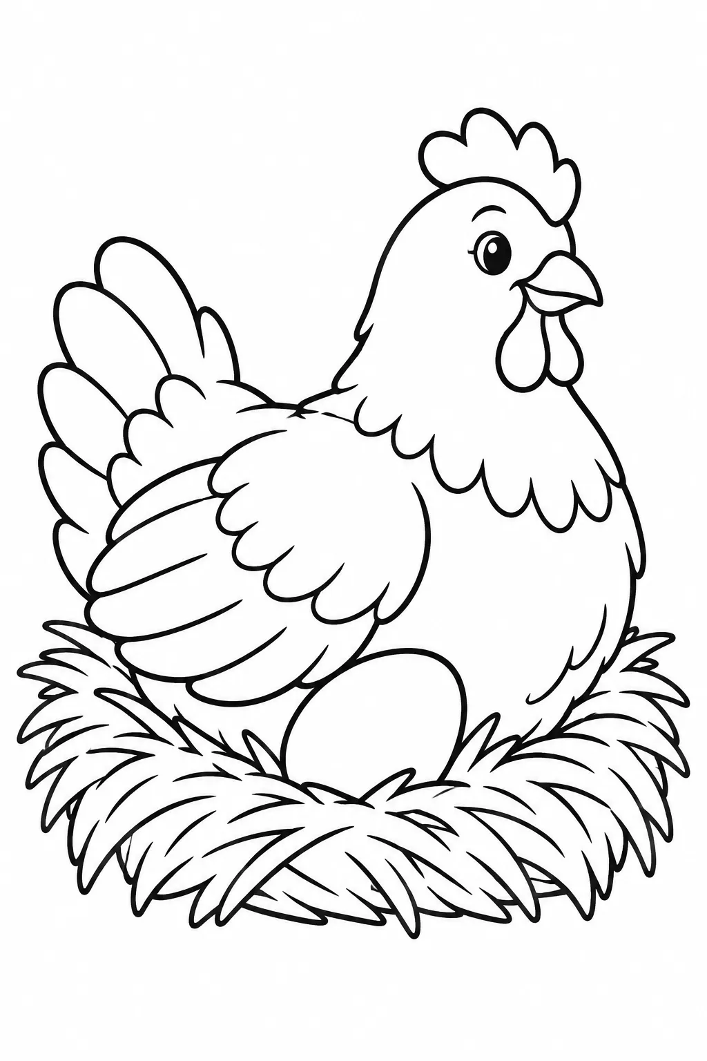 Preschool farm animal coloring page of hen on the nest