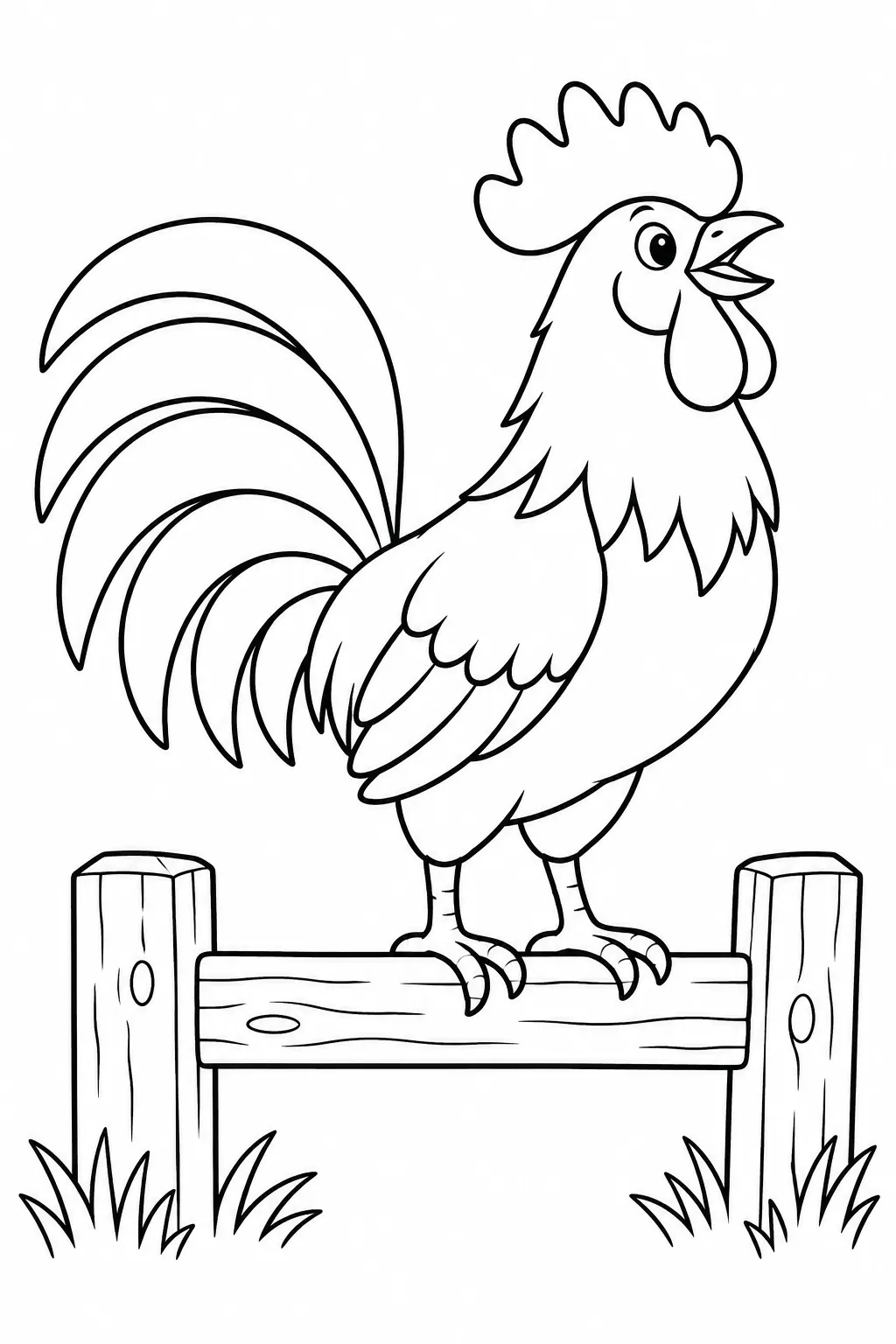 Preschool farm animal coloring page of rooster on the fence