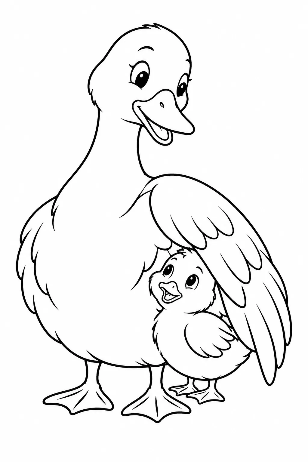 Preschool farm animal coloring page of duckling under a wing