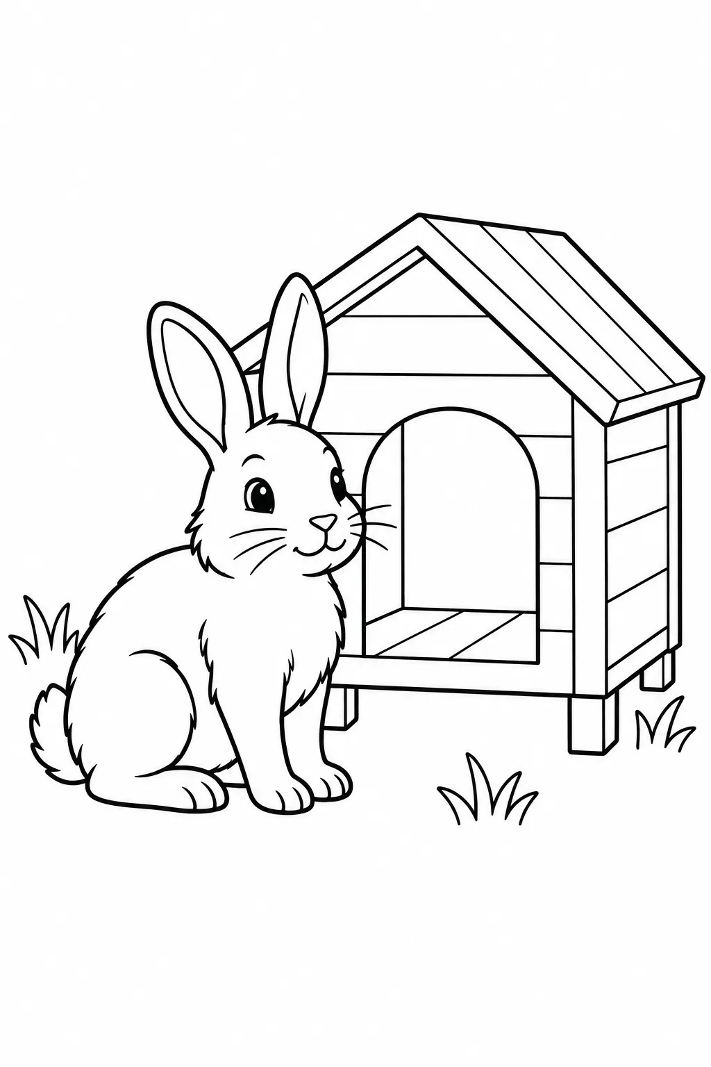 Preschool farm animal coloring page of rabbit by the hutch
