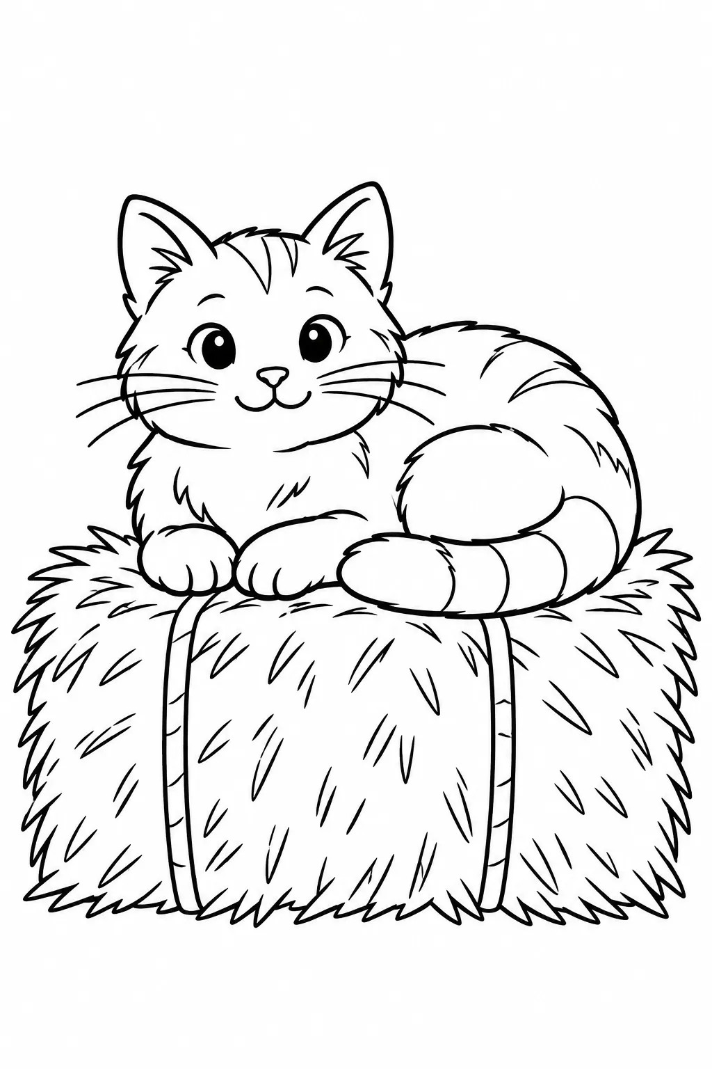 Preschool farm animal coloring page of barn cat on the hay