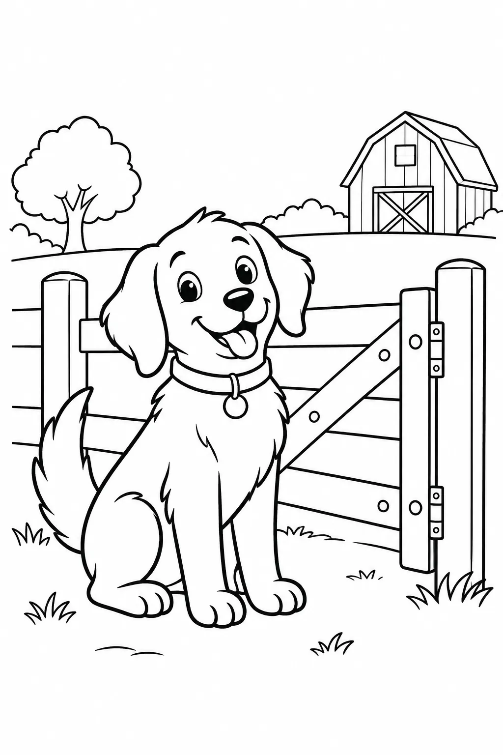 Preschool farm animal coloring page of farm dog near the gate