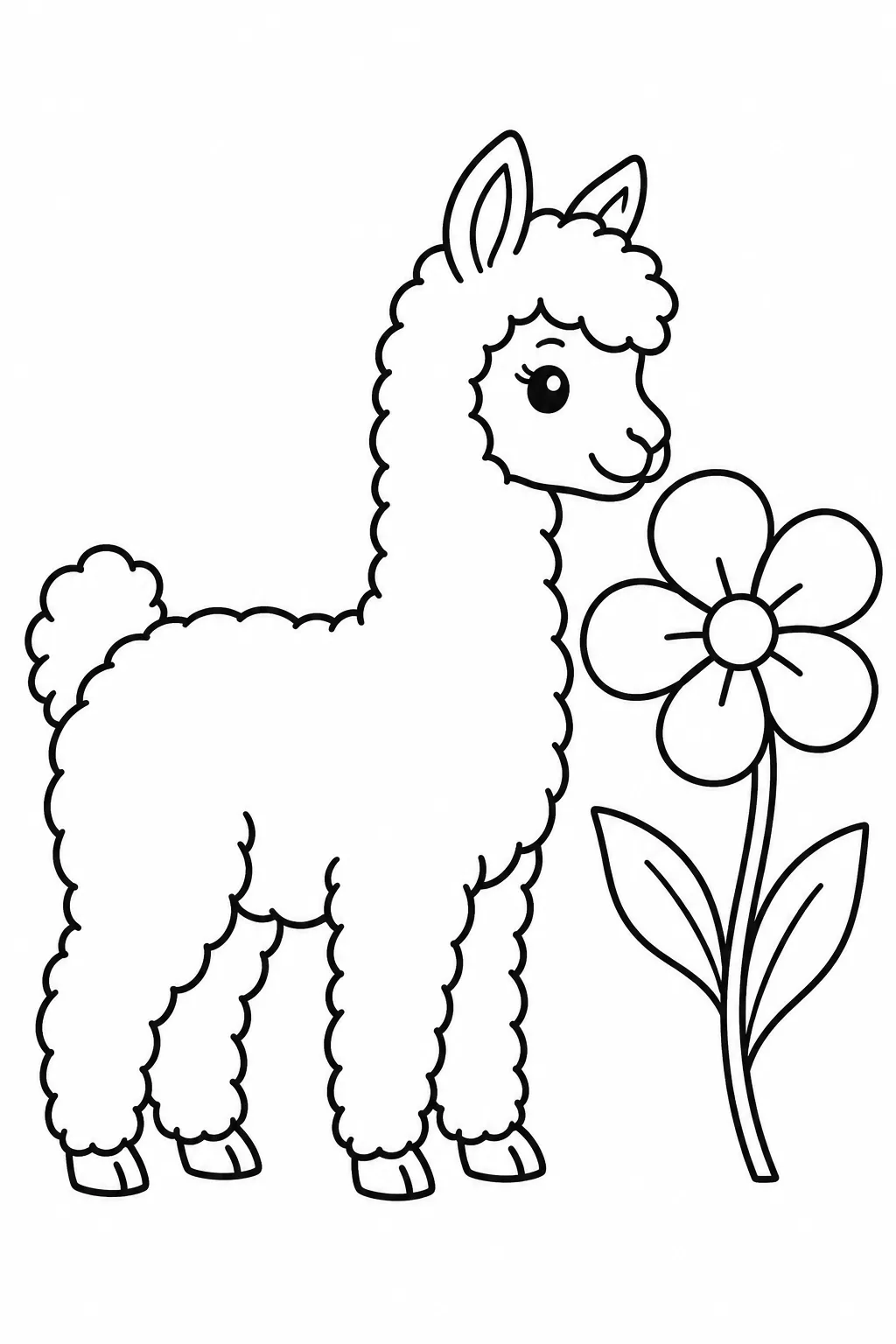 Preschool farm animal coloring page of alpaca with a flower