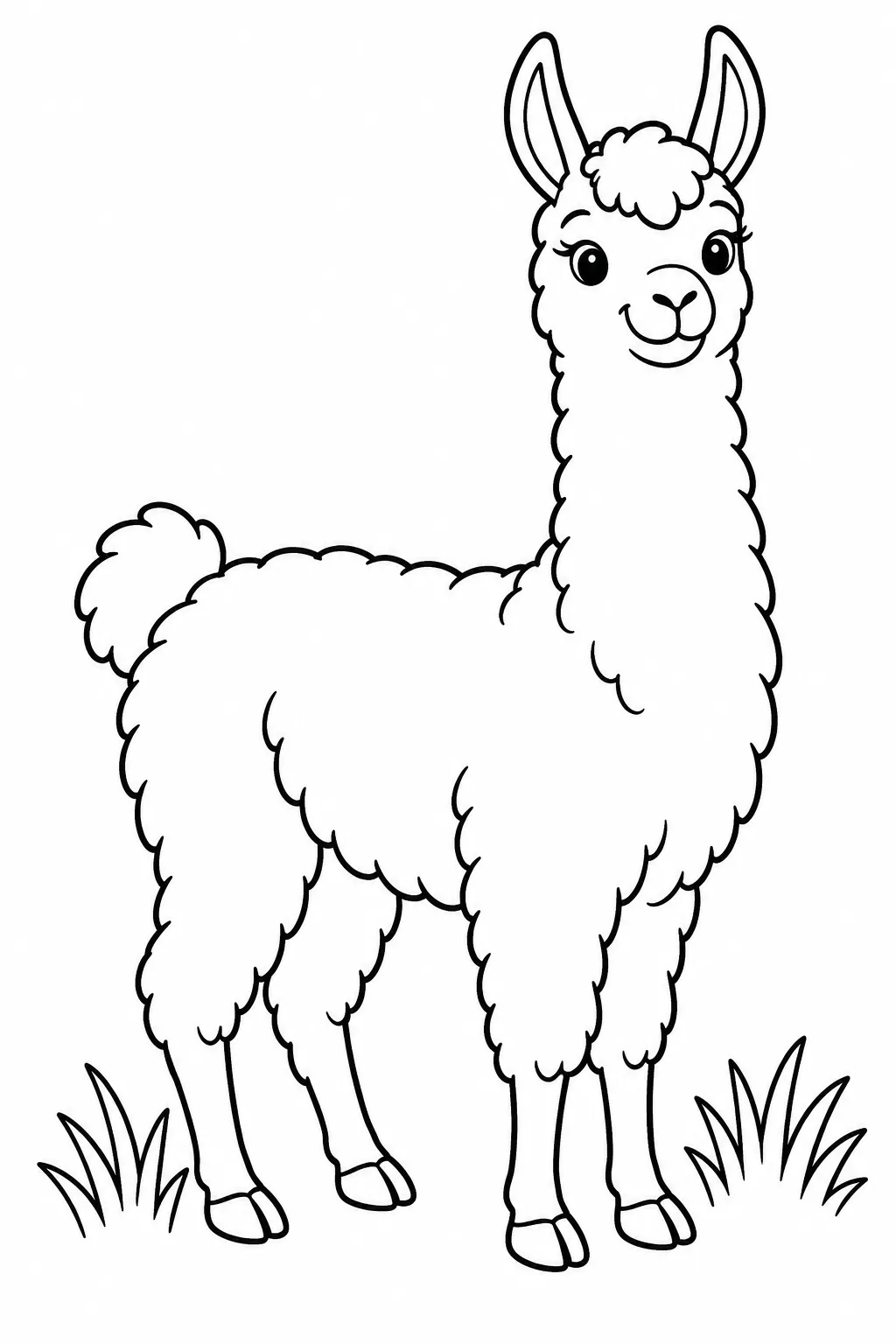 Preschool farm animal coloring page of llama in the pasture