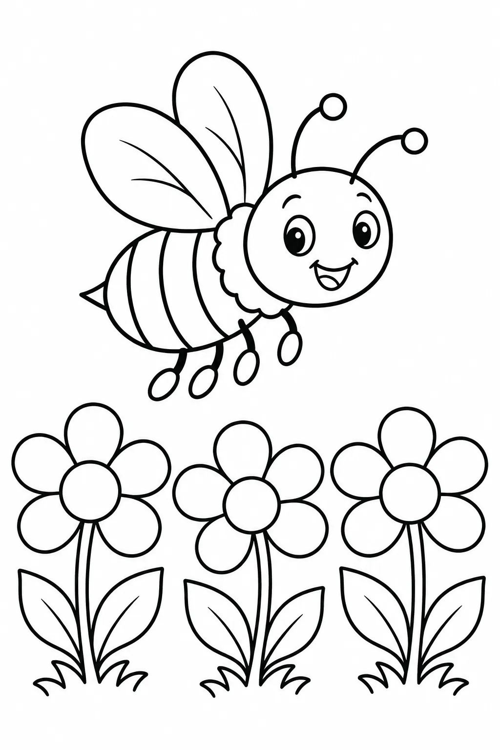 Preschool farm animal coloring page of bee over the farm flowers